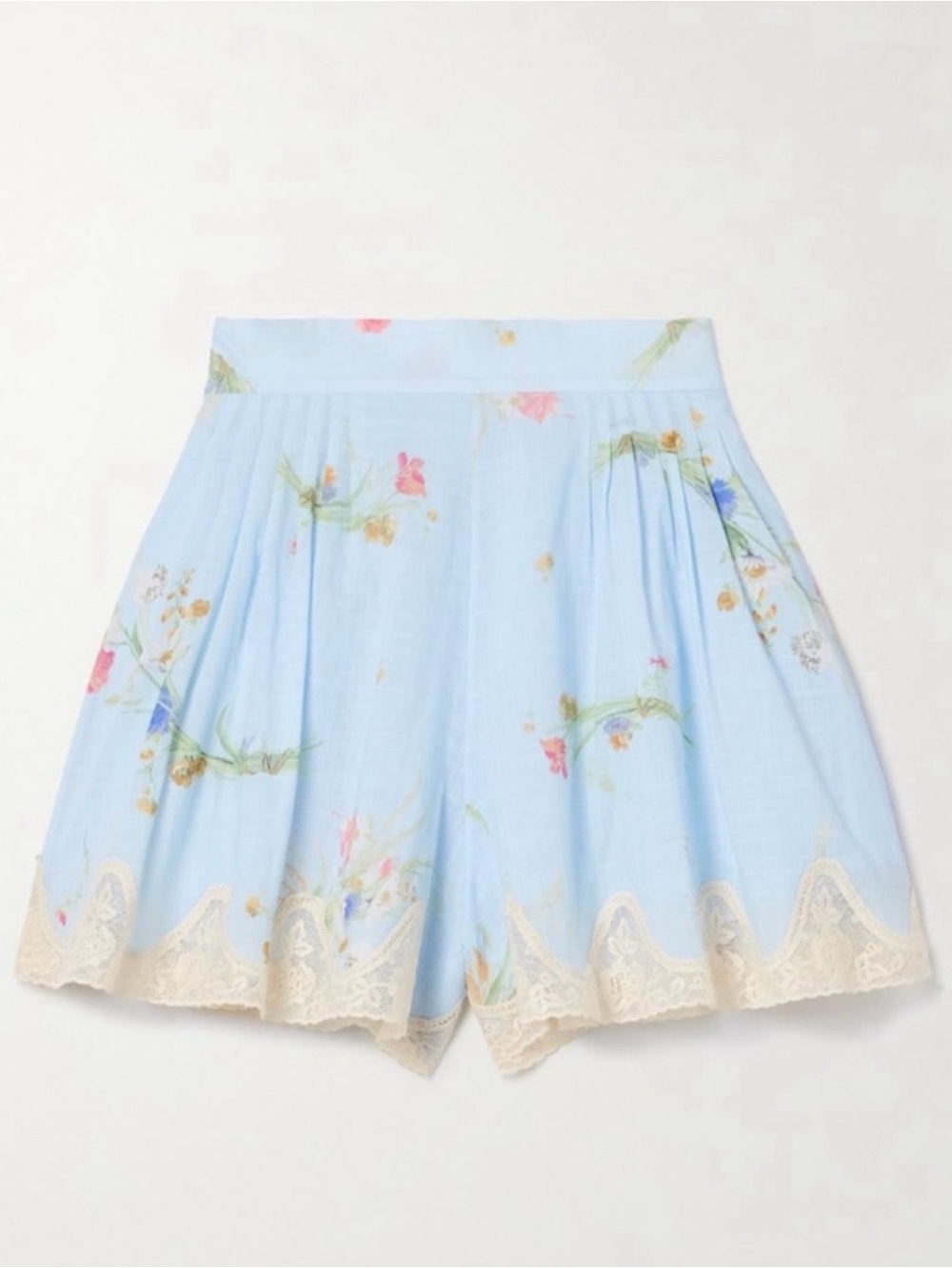 Zimmermann Light Blue Floral Lace-Trim High-Waist Shorts